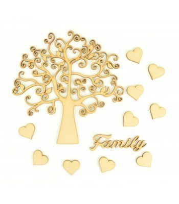 Laser Cut Swirl Tree Design with Hearts & Family Word - Family Tree Kit 1
